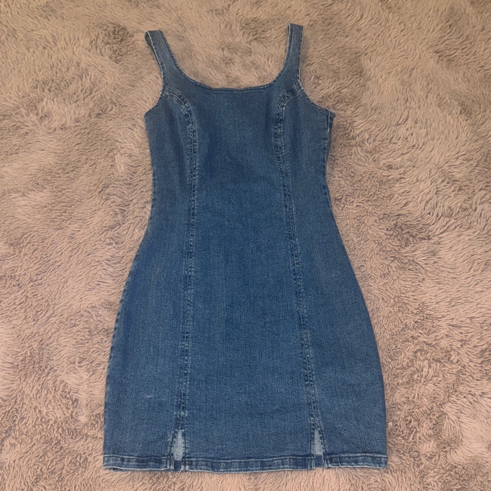 Topshop Blue Denim Mini Dress Sleeveless Casual Fitted Low back Nordstrom size 4 - Picture 4 of 6